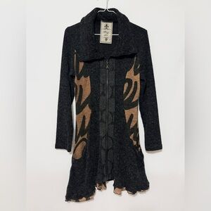 Fleur De Lis Cardigan Sweater Long Full Zip Ruffle Gray Brown  Size S